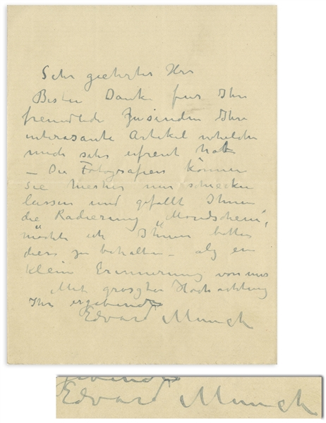 Very Rare Edvard Munch Autograph Letter Signed Referencing His "Moonlight" Etching